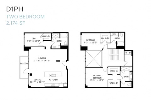 Floor plan for 2 beds, 3 baths, 2174 sqft